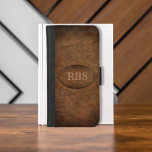 Faux Old World Vignette Leather Monogram iPhone 8/7 Wallet Case<br><div class="desc">Country,  brown,  rustic looking faux tanned leather background with darker,  vignette edges.  Not real leather!  Oval tag is also made with same leather photo with a faux stitched look.  Customize the monogram initials!</div>