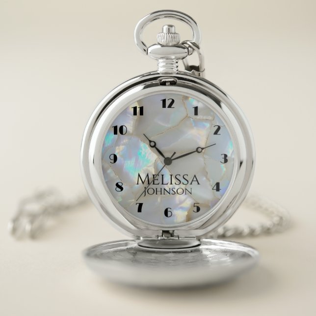 Faux Opal Personalized Name Girly  Pocket Watch (Inside)