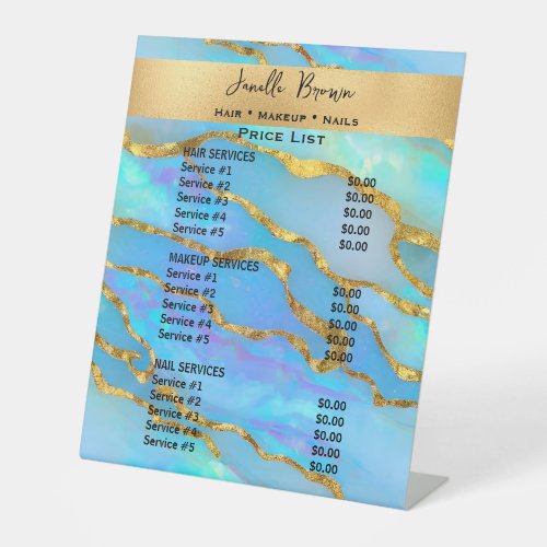 Faux Opal Stone  Gold Beauty Salon Price List Pedestal Sign