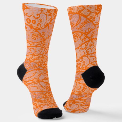 Faux Orange Lace Fishnet Flowers Socks