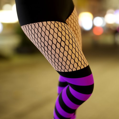 Faux OTK Purple Striped Socks Fishnet Leggings