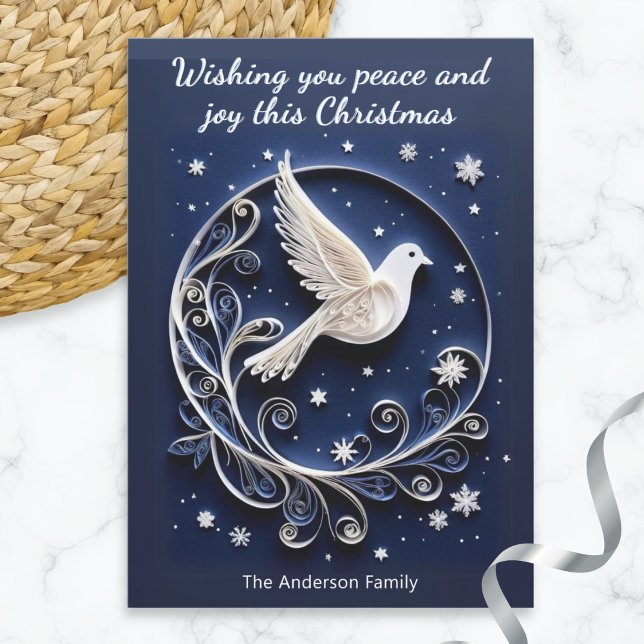 Faux Papercraft Dove of Peace Elegant Christmas Holiday Card (An elegant Christmas card, featuring a dove of peace picture with a papercraft appearance)