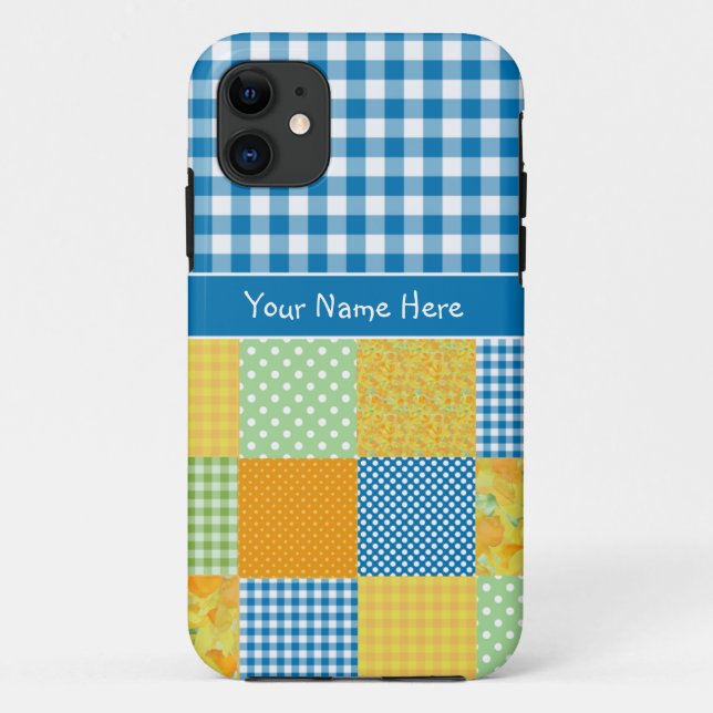 Faux Patchwork and Blue, White Check Gingham Case-Mate iPhone Case (Back)