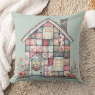 Faux Patchwork Cottagecore Floral House Throw Pillow