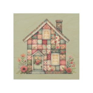 Faux Patchwork Cottagecore Floral House Wood Wall Art