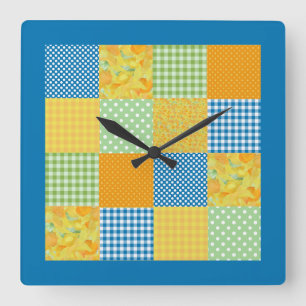 Faux-Patchwork, Daffodils, Polkas, Checks on Blue Square Wall Clock