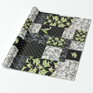 Faux Patchwork Giftwrap: Lily of the Valley, Black Wrapping Paper
