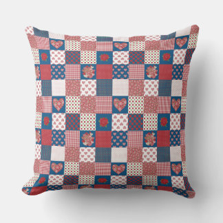 Faux-Patchwork, Hearts, Roses, Polkas, Checks Throw Pillow