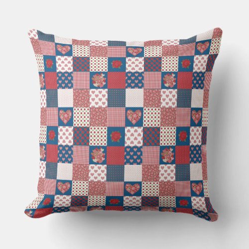 Faux_Patchwork Hearts Roses Polkas Checks Throw Pillow