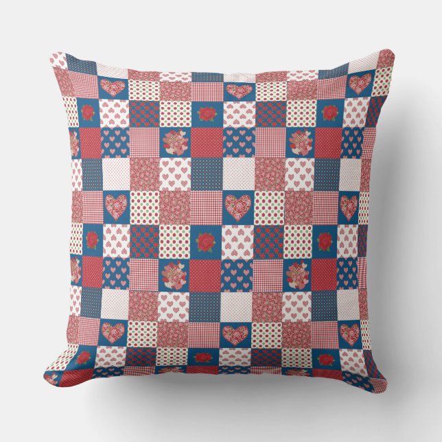 Faux-Patchwork, Hearts, Roses, Polkas, Checks Throw Pillow (Front)