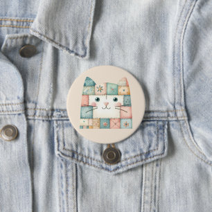 Faux Patchwork Pastel Cottage Kitty Face Button