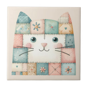 Faux Patchwork Pastel Cottage Kitty Face Ceramic Tile