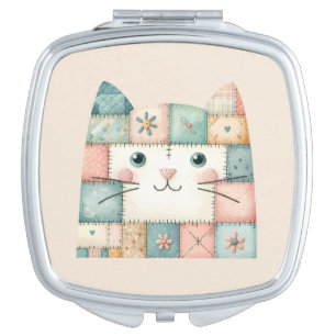 Faux Patchwork Pastel Cottage Kitty Face Compact Mirror