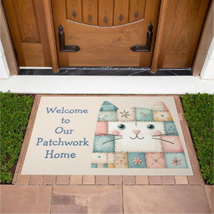 Faux Patchwork Pastel Cottage Kitty Face Doormat