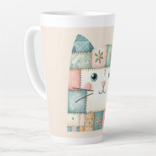 Faux Patchwork Pastel Cottage Kitty Face Pattern Latte Mug