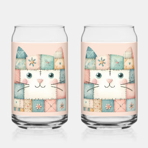 Faux Patchwork Pastel Cottage Kitty Face Pink Can Glass