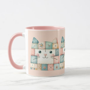 Faux Patchwork Pastel Cottage Kitty Face Pink Mug