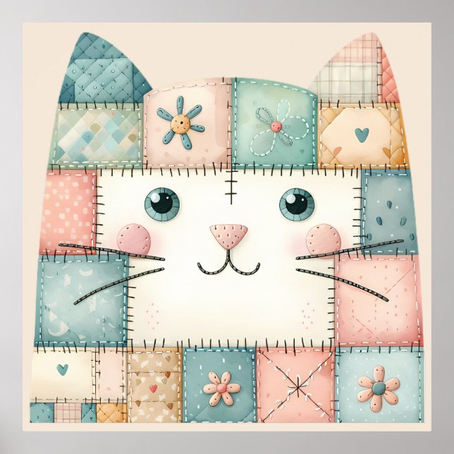 Faux Patchwork Pastel Cottage Kitty Face Poster (Front)