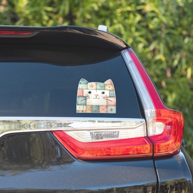 Faux Patchwork Pastel Cottage Kitty Face Sticker (Car Side)