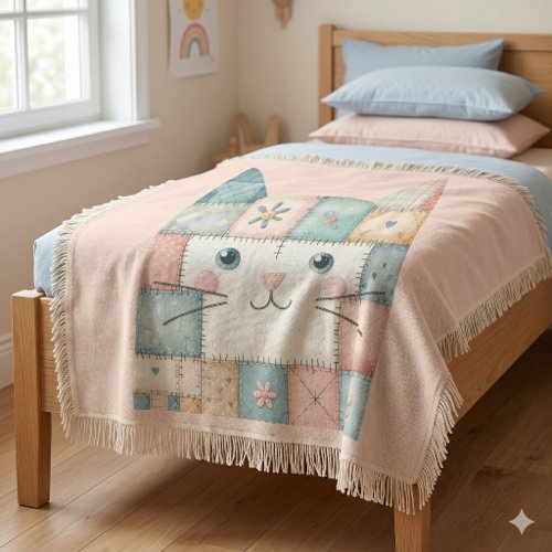 Faux Patchwork Pastel Cottage Kitty Face Throw Blanket