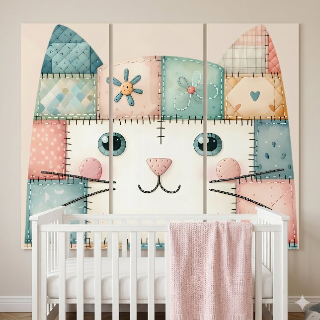 Faux Patchwork Pastel Cottage Kitty Face Triptych (Faux Patchwork Pastel Cottage Kitty Face Triptych)