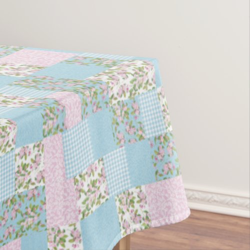 Faux Patchwork Pink Blue Apple Blossom Patterns Tablecloth