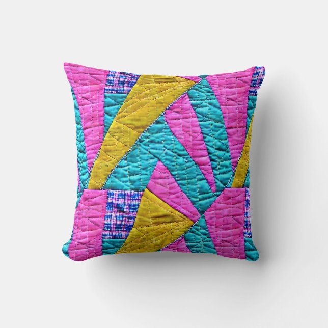 Faux Patchwork Pink Yellow Blue Throw Pillow (Front)