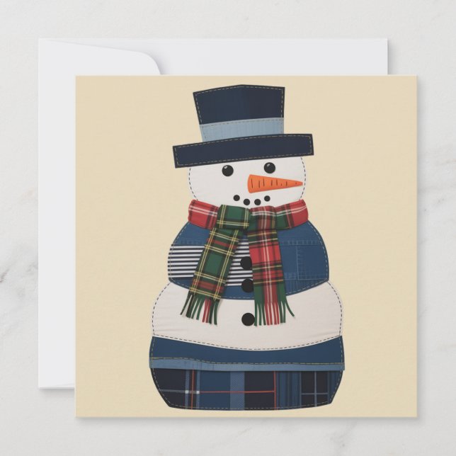 Faux Patchwork Snowman Holiday Xmas Card (Front)