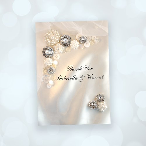 Faux Pearl and Diamond Buttons Wedding Thank You Note Card