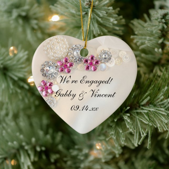 Faux Pearl and Pink Diamond Buttons Engagement Ceramic Ornament (Tree)
