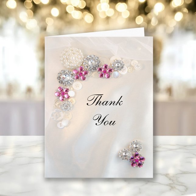 Faux Pearl and Pink Diamond Buttons Thank You Card (Creator Uploaded)
