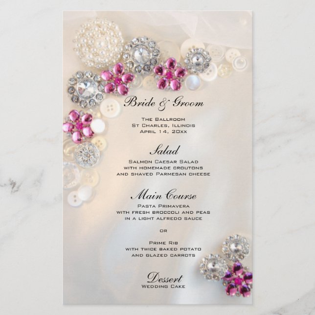 Faux Pearl and Pink Diamond Buttons Wedding Menu (Front)
