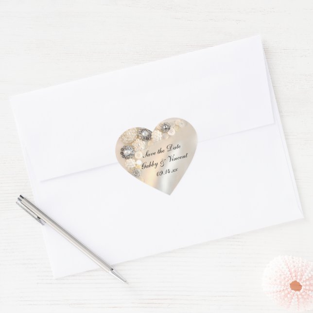 Faux Pearl Diamond Buttons Wedding Save the Date Heart Sticker (Envelope)