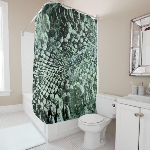 Faux pearly crocodile texture on green marble shower curtain