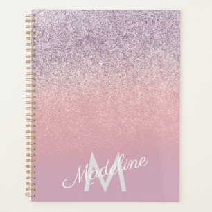 Faux Pink and Purple Sparkly Glitter Monogrammed Planner