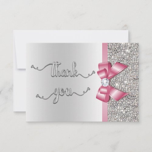 Faux Pink Bow Silver Sequins Thank You Wedding
