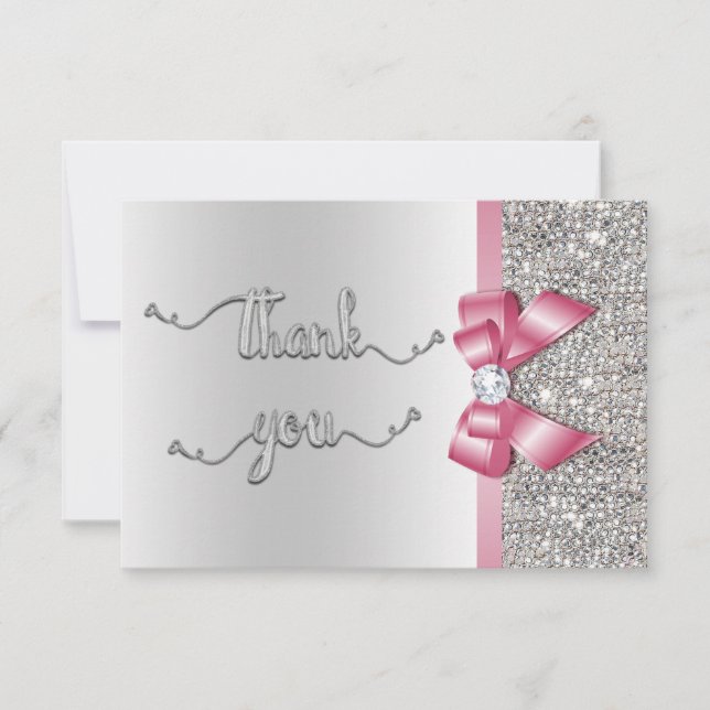 Faux Pink Bow Silver Sequins Thank You Wedding Card (Front)