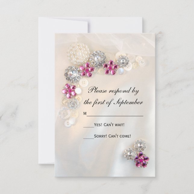 Faux Pink Diamond and Pearl Buttons Wedding RSVP Card (Front)