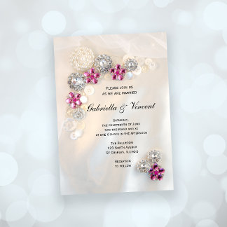 Faux Pink Diamond and White Pearl Buttons Wedding Invitation