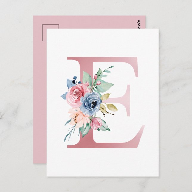 Faux Pink Foil Letter E Blush Floral Monogram Postcard (Front/Back)