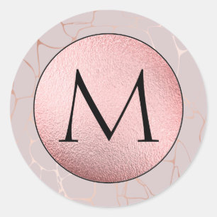 Faux Pink Foil - Rose Gold Marble Monogram Classic Round Sticker