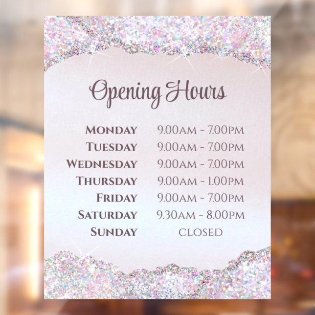 Faux Pink Glitter Foil Opening Hours Window Cling (Sheet 2)