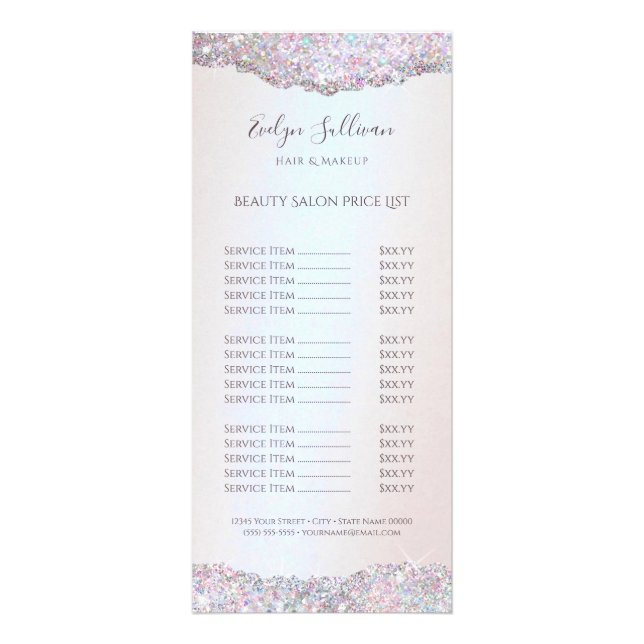Faux pink glitter foil price list rack card (Front)