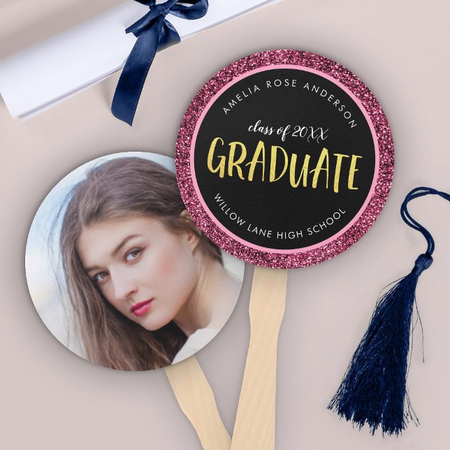 Faux Pink Glitter Graduate Photo Graduation Hand Fan (Creator Uploaded)