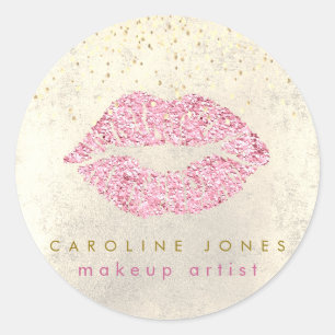 faux pink glitter lips classic round sticker