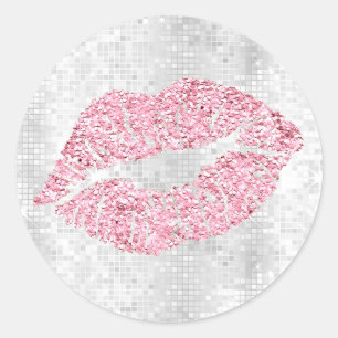FAUX pink glitter lipstick kiss Classic Round Sticker