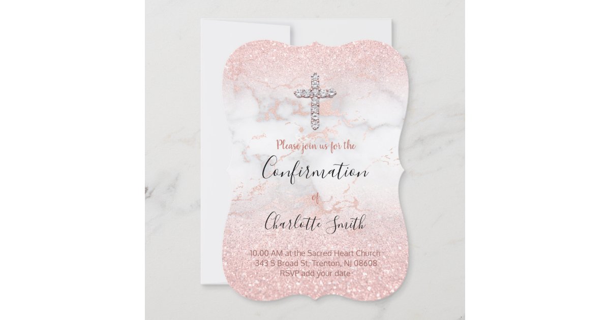 Rose gold glitter pink ombre white confirmation invitation, Zazzle