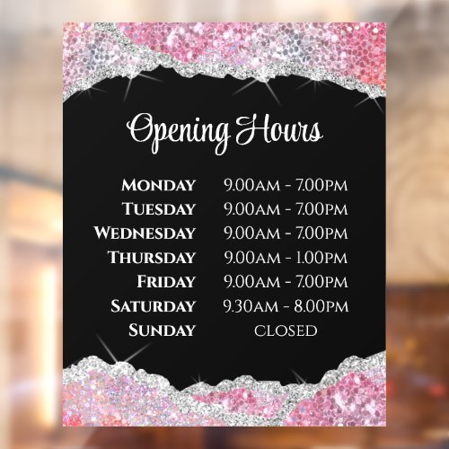 Faux Pink Glitter Opening Hours Window Cling
