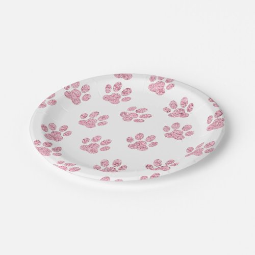 faux pink glitter pet paws pattern paper plates