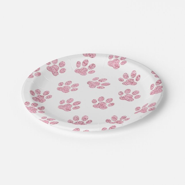 faux pink glitter pet paws pattern paper plates (Angled)